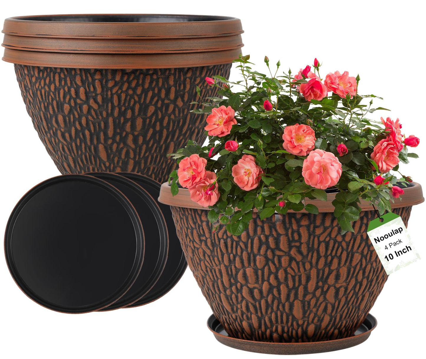 Nooulap 4 Pack Flower Pots Outdoor, 10 Inch Plant Pot with Drainage Hole & Tray, Thickened Plastic Planters for Indoor Outdoor Plants, Lightweight Brown Decorative Garden Pot with Saucer