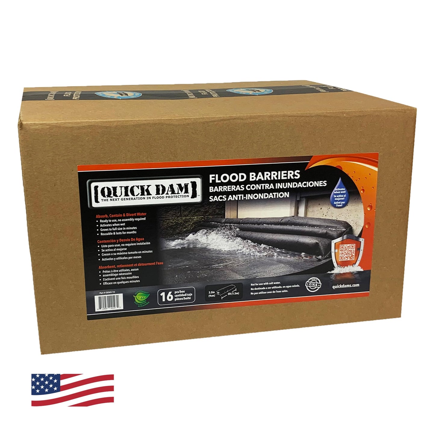 Quick Dam Water Activated 5ft Flood Barrier, Reusable Water Absorbers for Diverting Water, Protects from Rain, Spills, Leaks, Floods & More, - Pack of 16