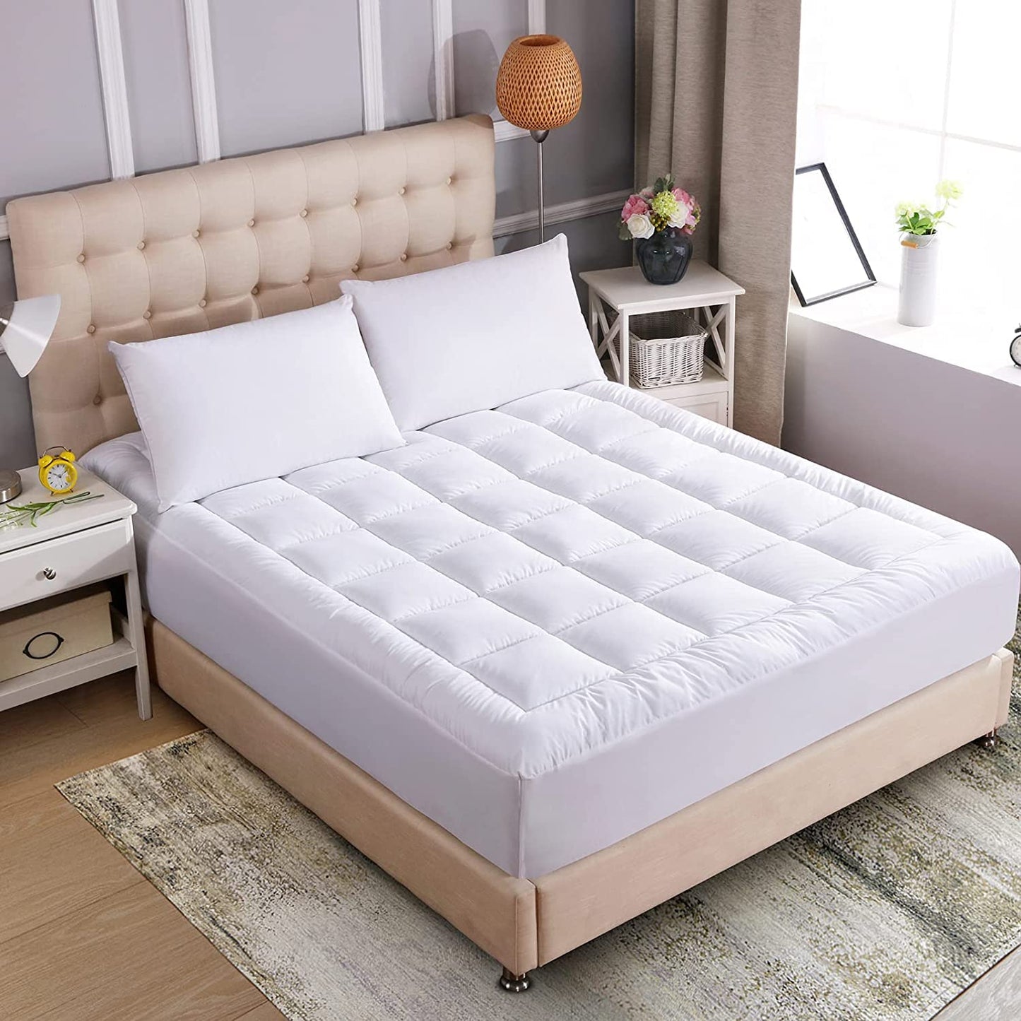 WhatsBedding Waterproof Mattress Topper King Size Cotton Top Down Alternative Filling Pillowtop Mattress Topper Cover-Fitted Quilted (Waterproof King)