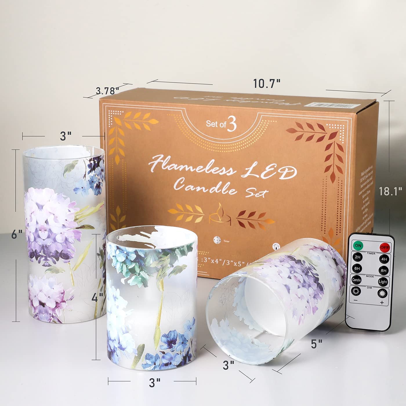 GORGE MOMENT Blue Violet Hydrangea Flameless Candles LED Flicker with Remote DIM Love Theme Summer Spring Decorative Glass Decor Wedding Date Proposal Dinner Table Home Gift for Lover