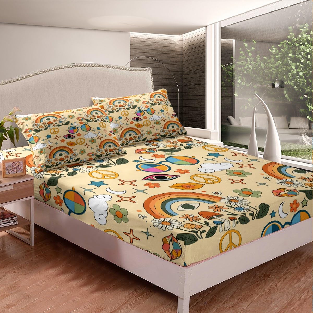 Castle Fairy Kids Retro 70s Hippie Style Bed Sheet Set King Size,Mushroom Bedding Set for Children Adult Present,Rainbow Floral Stars Moon Bedding (1 Fitted,1 Flat,2 Pillowcases), Microfiber