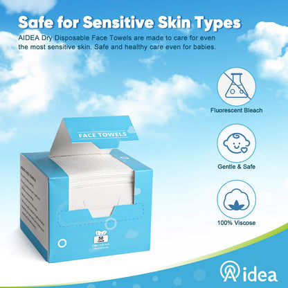 AIDEA Face Towels Disposable-200Ct (4 Box), Clean Facial Towels, Facial Cleansing Wipes for Sensitive Skin, Face Towelettes for Makeup Removing, Nursing, Travel, Dry Wipes