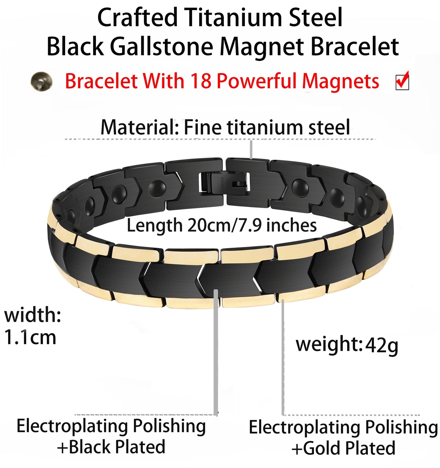 EUMENIDES Magnetic Bracelet, Titanium Steel Magnetic Bracelet, Anti-Static， (Black Gold)