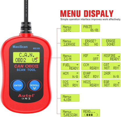 Autel MS300 OBD2 Scanner Code Reader, Turn Off Check Engine Light, Read & Erase Fault Codes, Check Emission Monitor Status CAN Diagnostic Scan Tool
