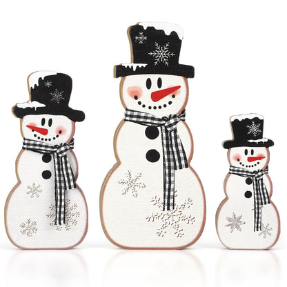 3 Pcs Christmas Snowman Table Decor Wooden Snowman Tables Centerpieces Block Winter Wood Tabletop Sign Rustic Merry Xmas Decorations Indoor for Tiered Tray Office Desk Shelf Home Mantel Holiday Party