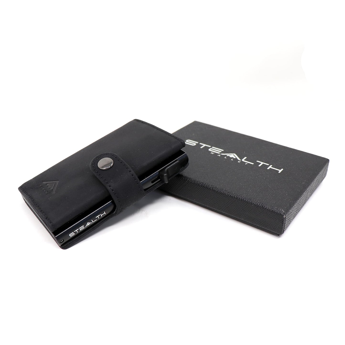 Stealth Wallet - Smart Minimalist Card Holders - RFID/NFC Blocking Pop Up Wallets with Gift Box - Credit Cards Holder & Contactless Protection (Black with Black Crazy Horse Leather and Coin Pocket)