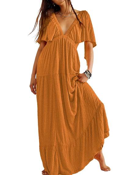 Kikibell Women Summer Dresses Sexy V-Neck Maxi Dress Tiered Silhouette with Flutter Sleeve Backless Elastic Waist Flowy Dress
