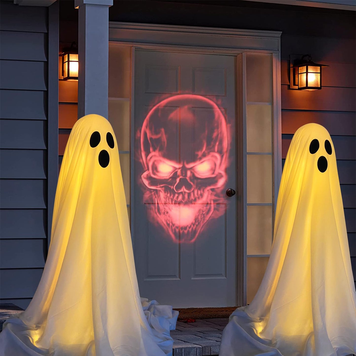 DAZONGE 2 Packs Halloween Decorations Outdoor, Spooky Halloween Ghost Decor with Remote String Lights Battery Operated, Easy to Assemble Ghost Decorations for Front Porch Yard