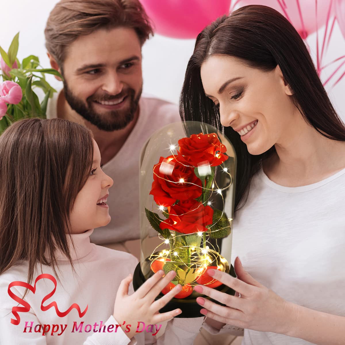 Dream of Flowers Gifts for Mom Mothers Day Birthday Gifts for Women,Beauty and The Beast Rose in Glass Dome,Anniversary Rose Gifts for Wife,Romantic Red Silk Rose Flower Gifts for Women