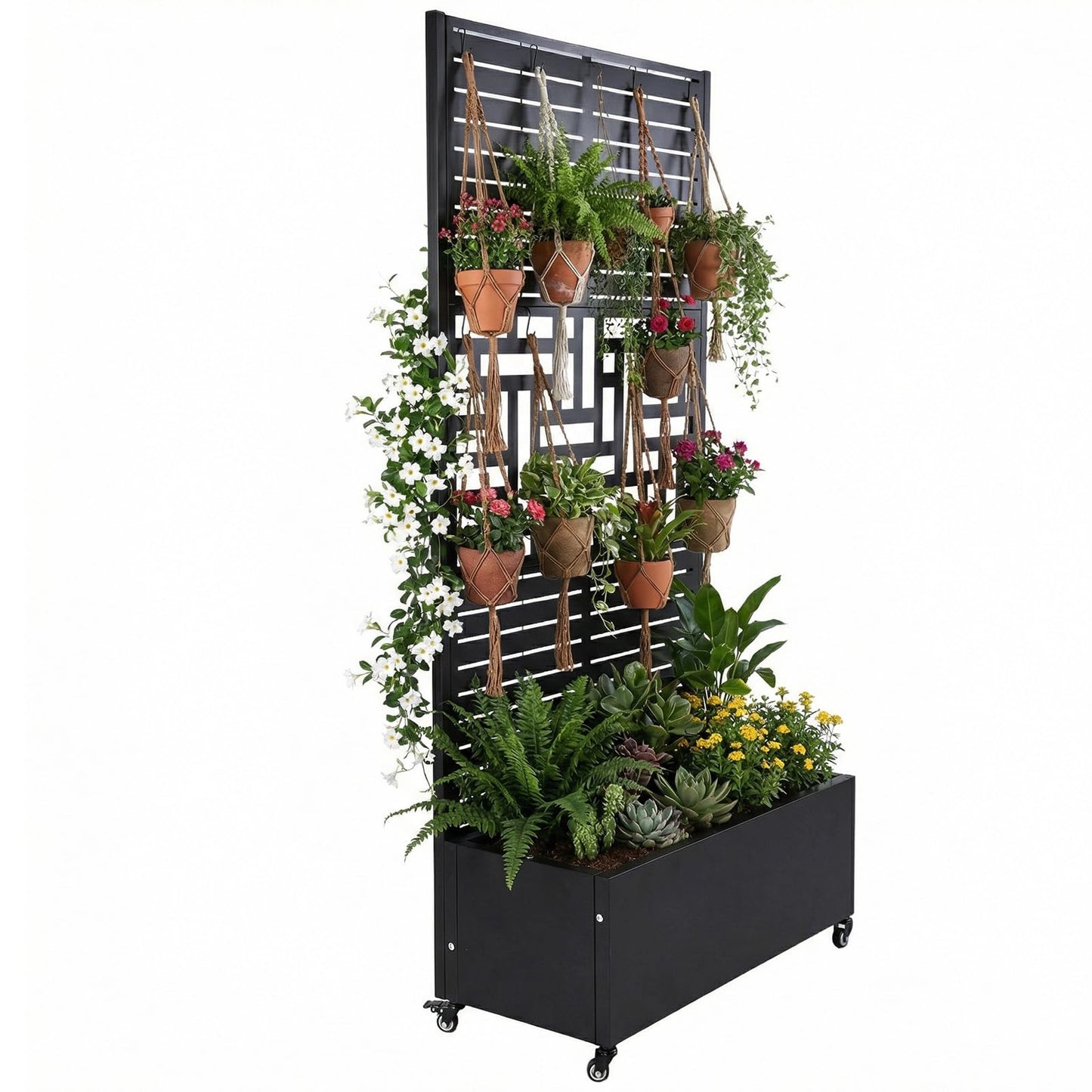 FASDRESS Metal Planter Box with Trellis Standing Planter Box for Climbing Plants/Vines Raised Garden Bed On Wheels 70.87x35.43x15.75 Inch (01)