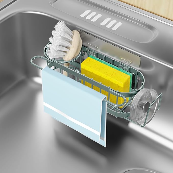 Cisily Sage Green Kitchen Sink Caddy Sponge Holder in the Sink, Stainless Steel
