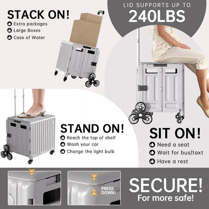 TODAYGO Stair Climbing Cart with Wheels: Collapsible Rolling Cart for Teachers School Supplies Books Art Projects Grocery Trade Shows & Stairs Foldable Utility Organizer with Lid Crate Basket Shelves