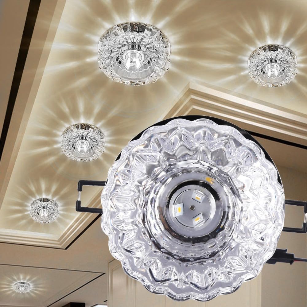Anu Limen Light with Crystal Glass Shade – 5-9cm Aperture for Hallway, Living Room, Bedroom, Kitchen, Warm White Light, Stainless Steel Trim(Colorful Light)