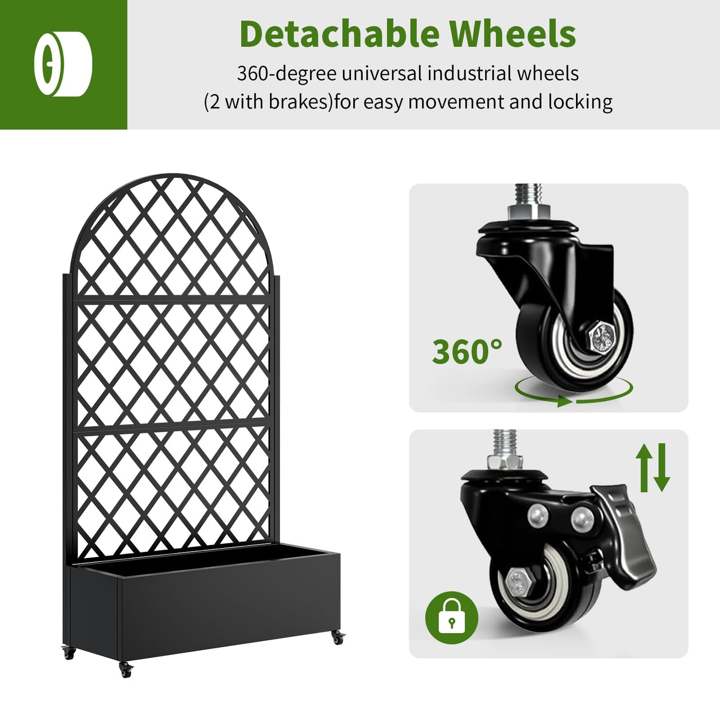 Metal Planter Box with Trellis and Wheels, 73"x35"x16" Galvanized Steel Raised Garden Bed with Drainage Holes and Privacy Screen Function for Climbing Plants, Vegetables, Flowers, and Vines–Black