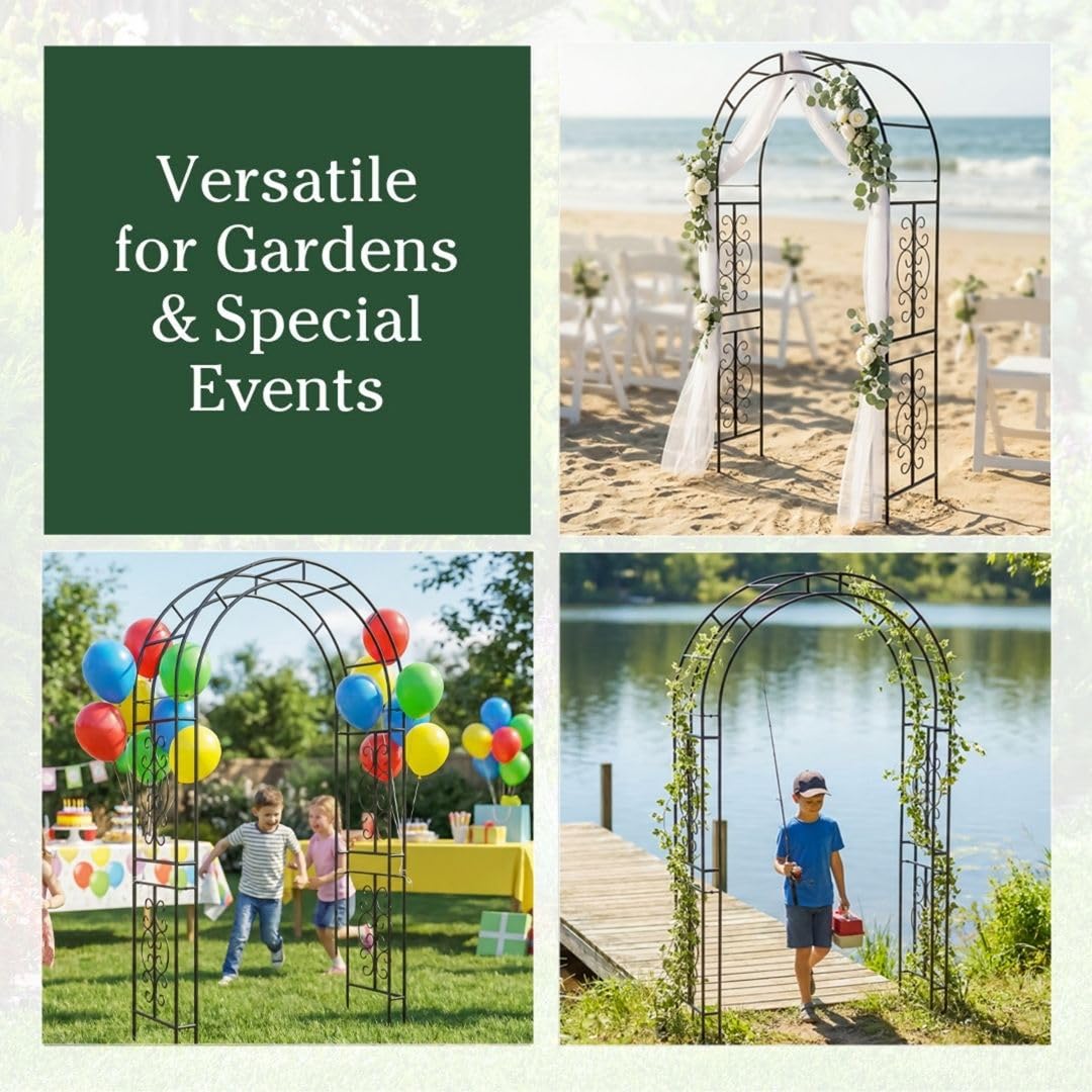 Plow & Hearth Arch Metal Outdoor Garden Arbor Montebello Gunmetal 7 Feet Tall, Steel Iron Trellis Lattice for Climbing Plants & Heavy Vines Wedding Arch Outdoor Patio Décor