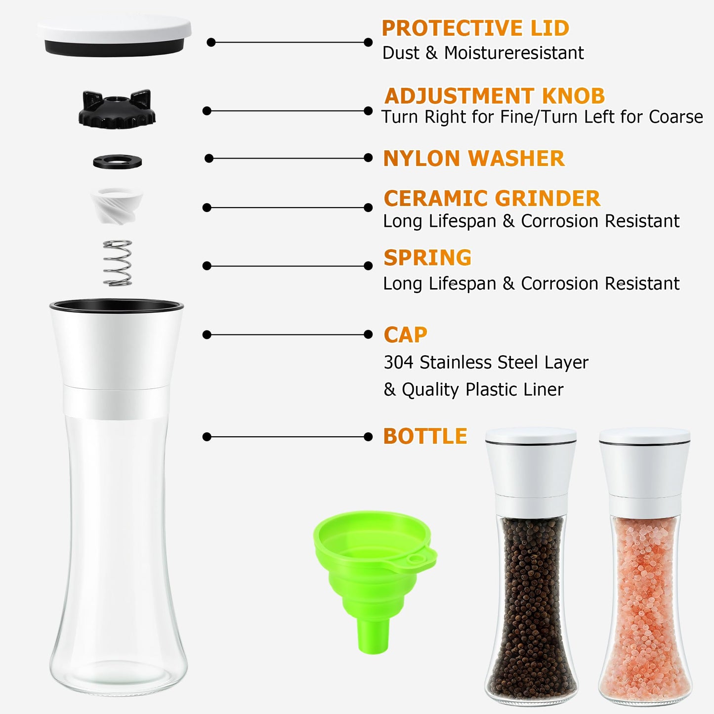R DRURLCD Premium White Sea Salt and Pepper Grinder Set of 2 - Adjustable Ceramic - Glass Salt and Pepper Shakers - Kitchen Pepper Mill & Salt Mill W/Funnel