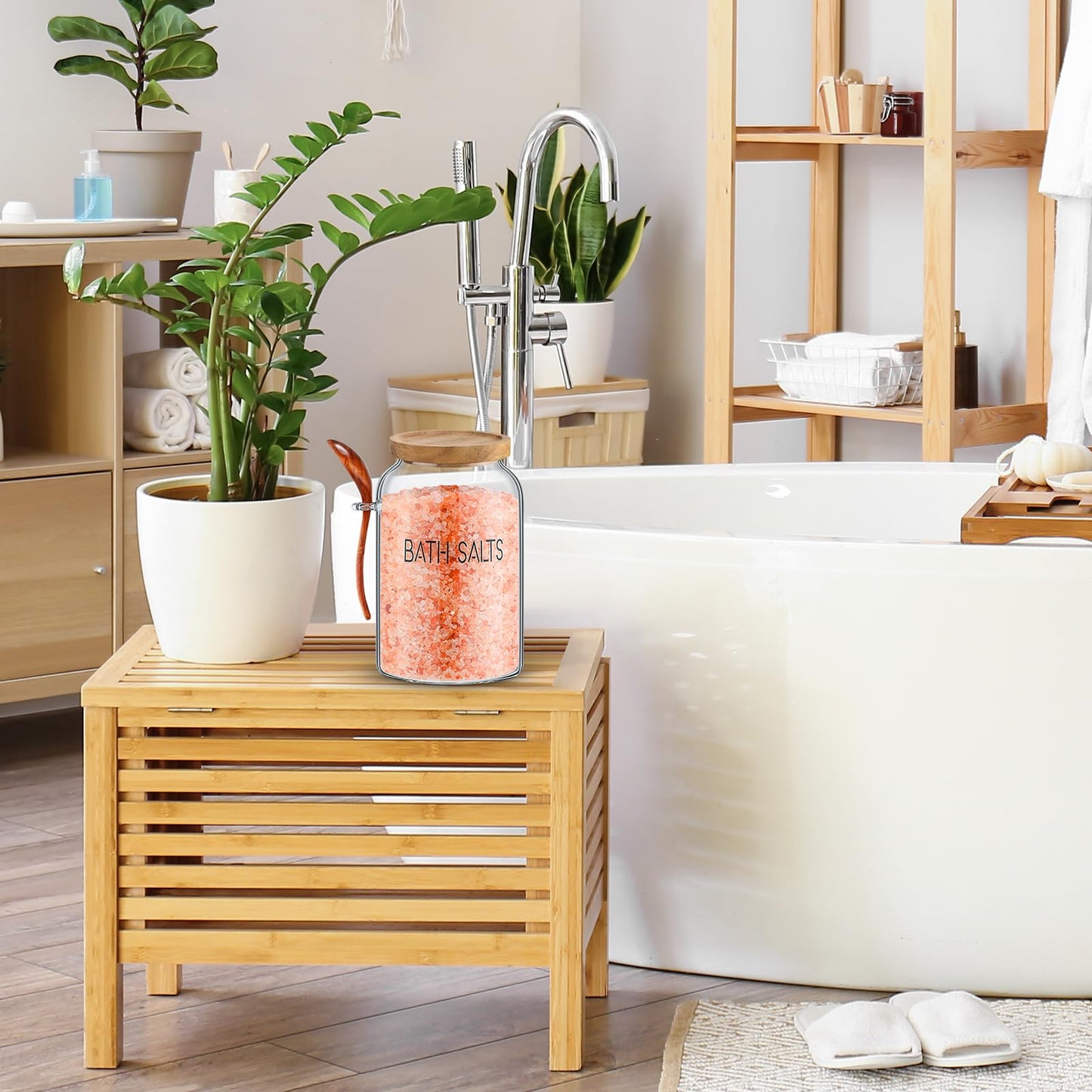 SiliFine 2 Pcs 94 oz Bath Salts Glass Jar with Wooden Lid, Bath Salt Container with Scoop, Airtight Storage Bathtub Accessories for Women