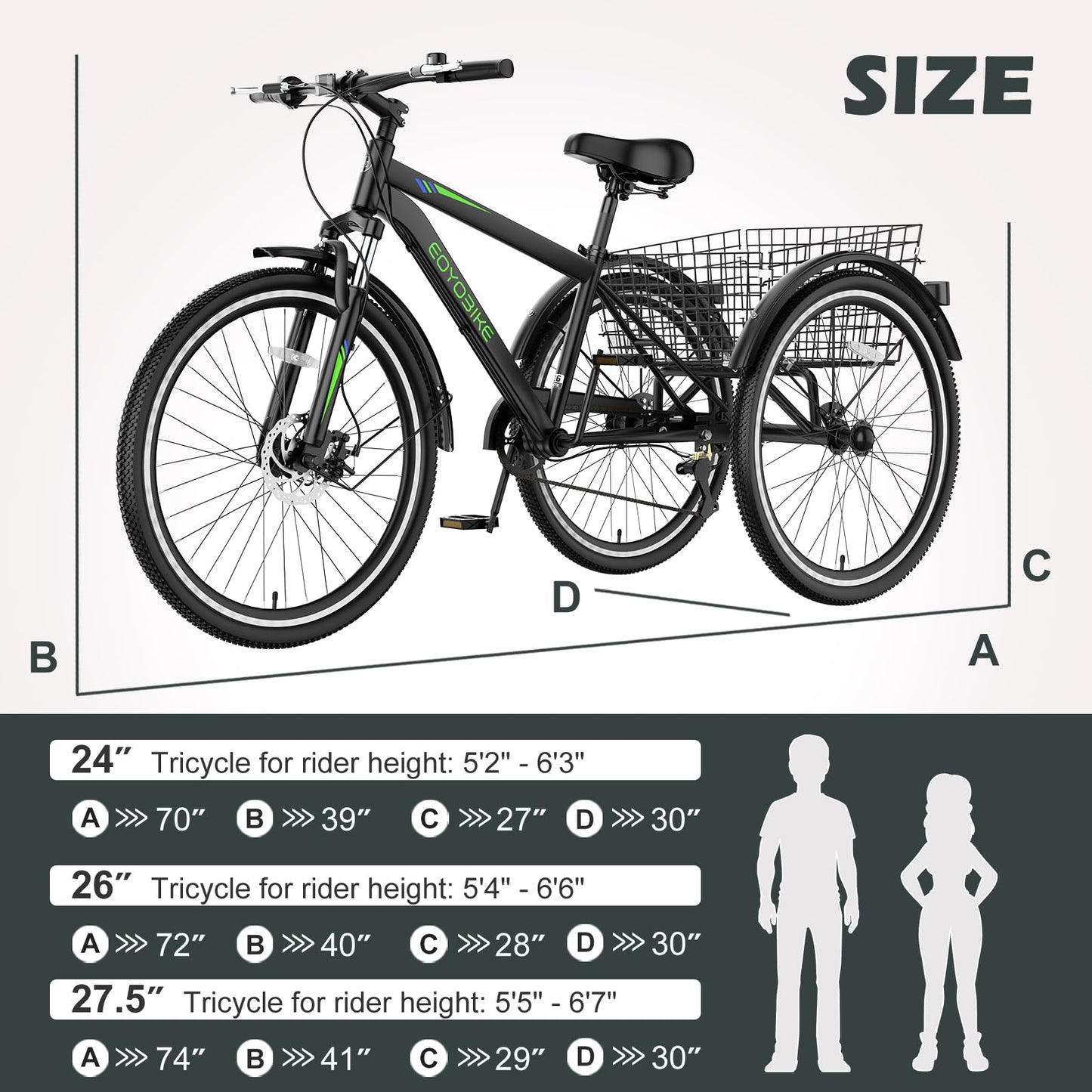 ABORON Adult Mountain Tricycle, 7-Speed 3-Wheel Mountain Bikes 24/26/27.5inch Available, Front Suspension, Disc Brake