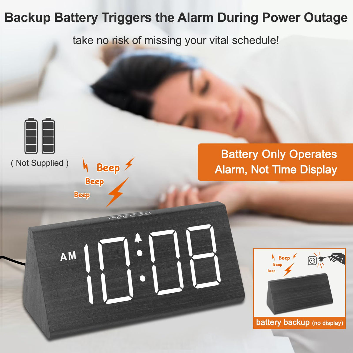 DreamSky Wooden Digital Alarm Clocks for Bedrooms - Electric Desk Clock with Large Numbers, USB Port, Loud Alarm for Heavy Sleepers, Adjustable Volume, Dimmer, DST, Wood Décor Gifts, Adapter Powered