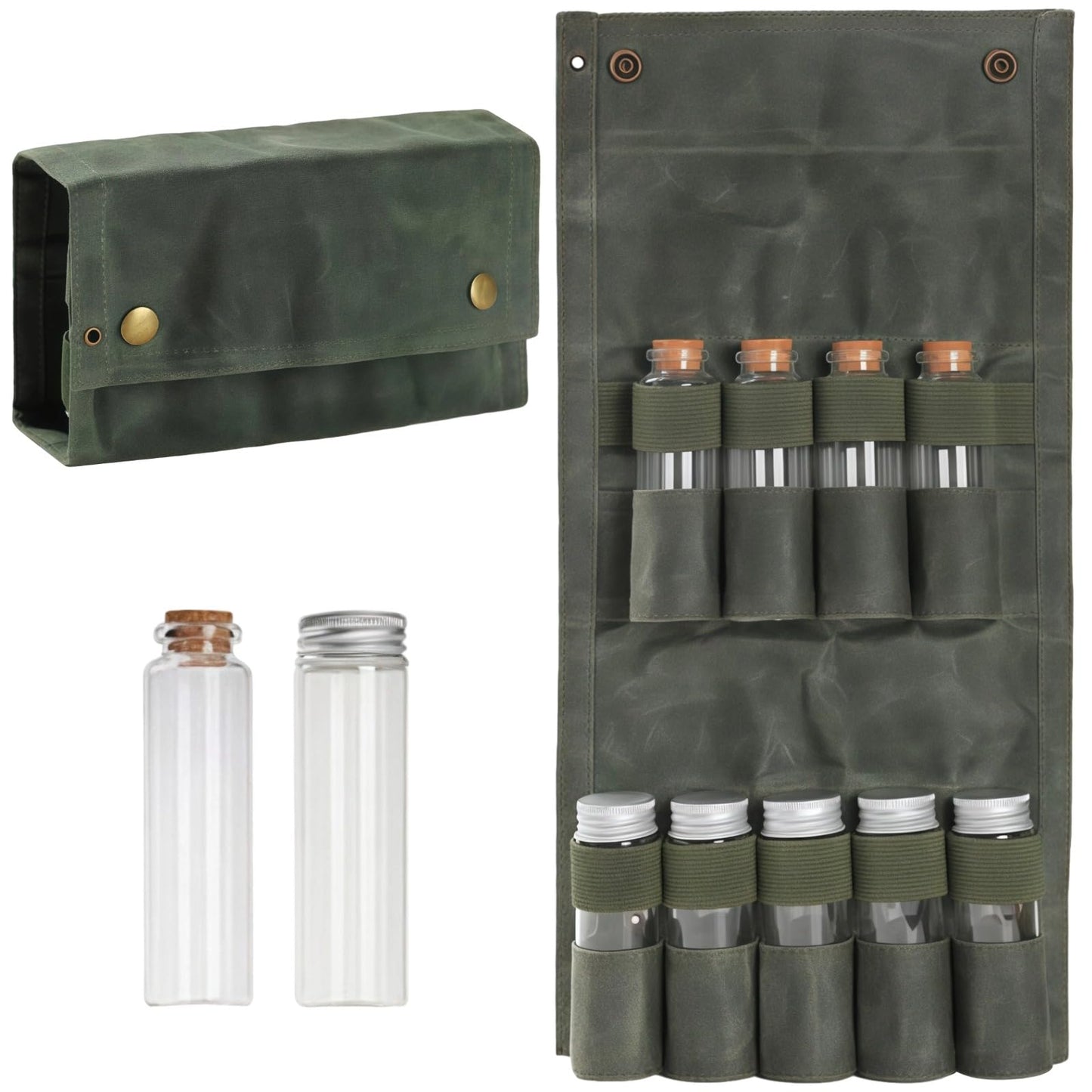 Calolin Camping Spice Kit, Portable Spice Bag for Travel, Including 9 Glass Seasoning Containers, Wear-Resistant Waxed Canvas, Foldable Design, Suitable for Outdoor Cooking