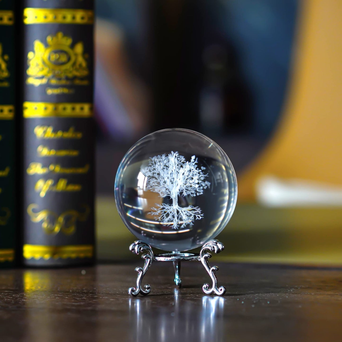 H&D Hyaline & Dora 70mm Tree of Life Clear Crystal Ball with Stand, K9 Glass Decorative Crystal Ball, 3D Laser Fengshui Home Decoration