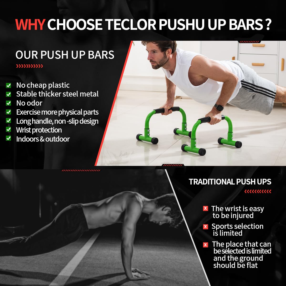 Teclor Push Up Bar, 9.5in High Parallettes Bars Great for L-sit, Sturdy Steel Green Structure Push Up Bars for Men & Women, Full Planche & Dips, Heavy-duty No Wobbling Calisthenics Equipment MAX Capacity 660LBS, 1.5in Dia Save Wrist & Great Grip