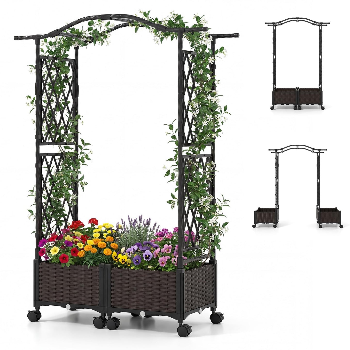 Giantex Planter Boxes with Arch Trellis, 5FT Self-Watering Tall Raised Garden Bed w/Wheels, Hanging Roof & Drainage Holes, Outdoor Indoor Tomato Planter for Climbing Vines Vegetables (60"x16"x58")