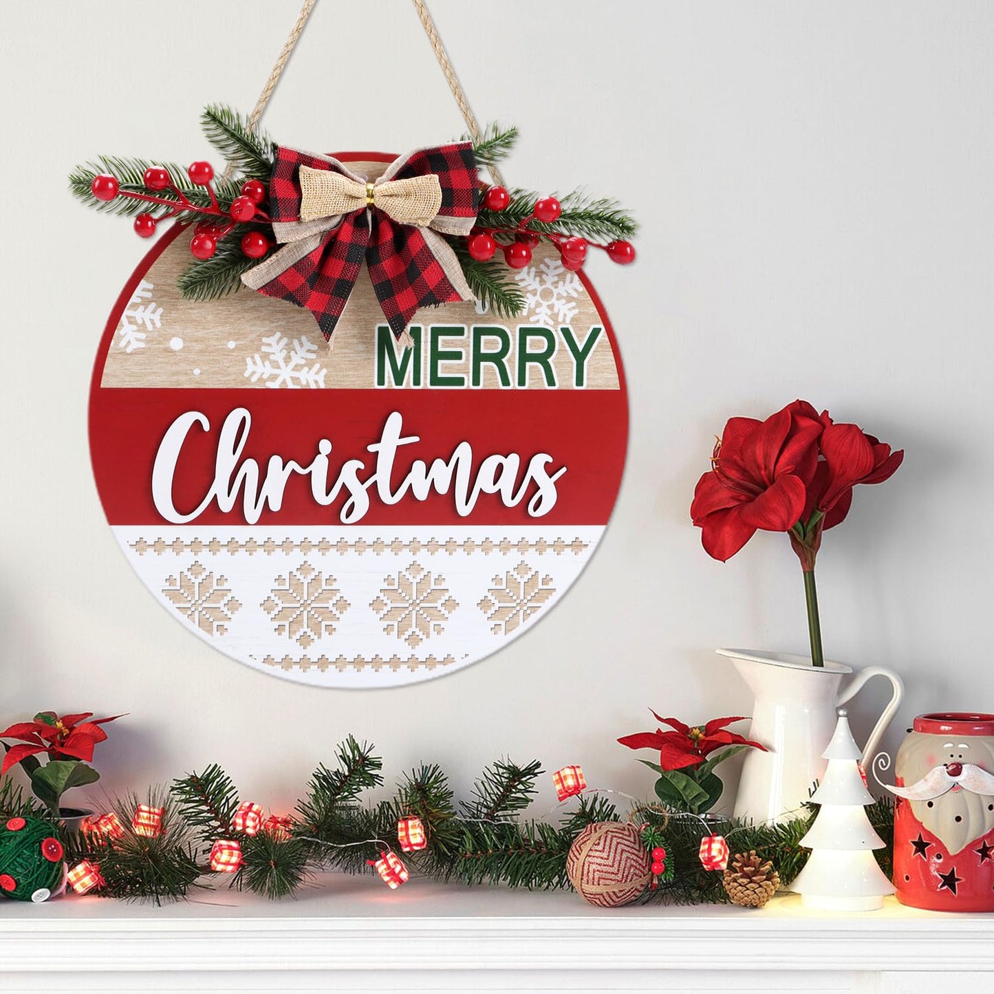 HOURIA 3D Merry Christmas Front Door Sign,11.5” Red Buffalo Plaid Christmas Wreaths with Snowflake Bow Red Berry Rustic Farmhouse Xmas Holiday Welcome Door Decorations for Home Indoor Outdoor Party
