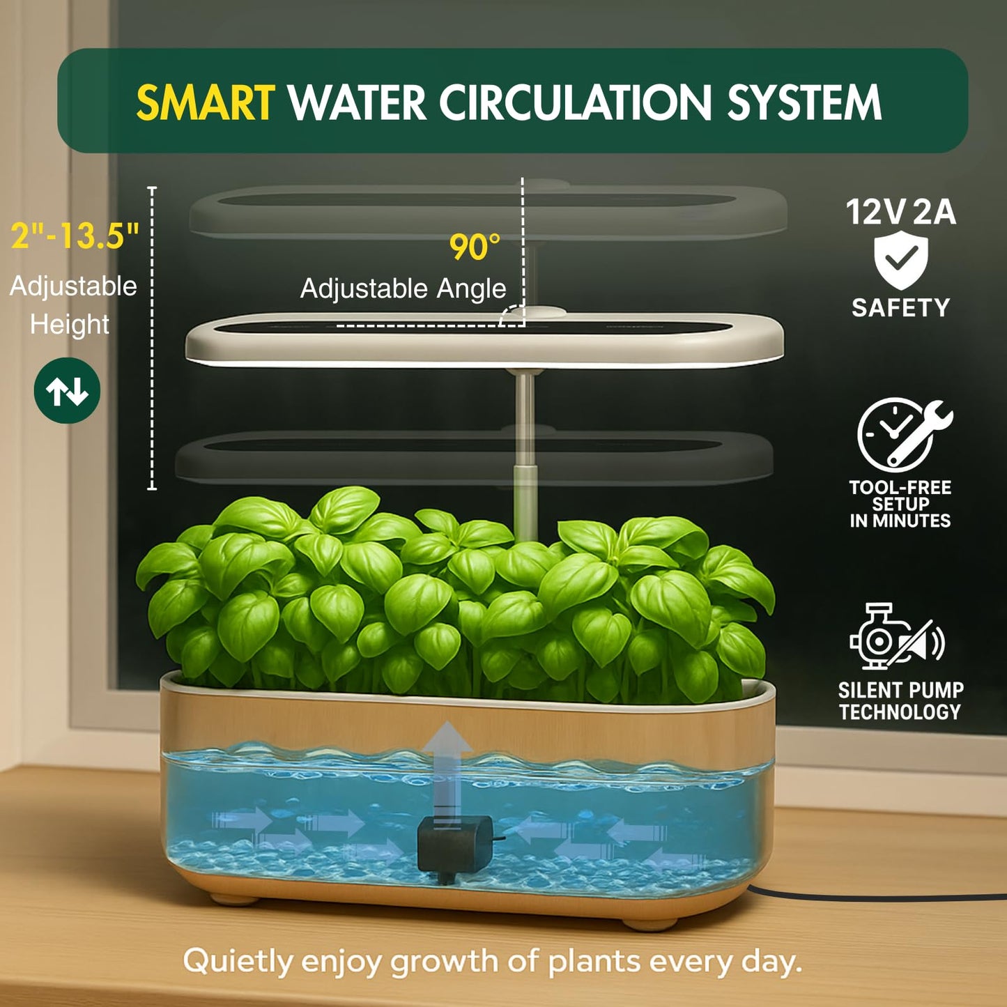 Hydroponics Growing System Kit, Indoor Herb Garden, 14 Pods Upgraded LCD Display, LED Grow Light Quiet Smart Water Pump Automatic Timer, Hydroponic Planter for Home Kitchen Office (White)