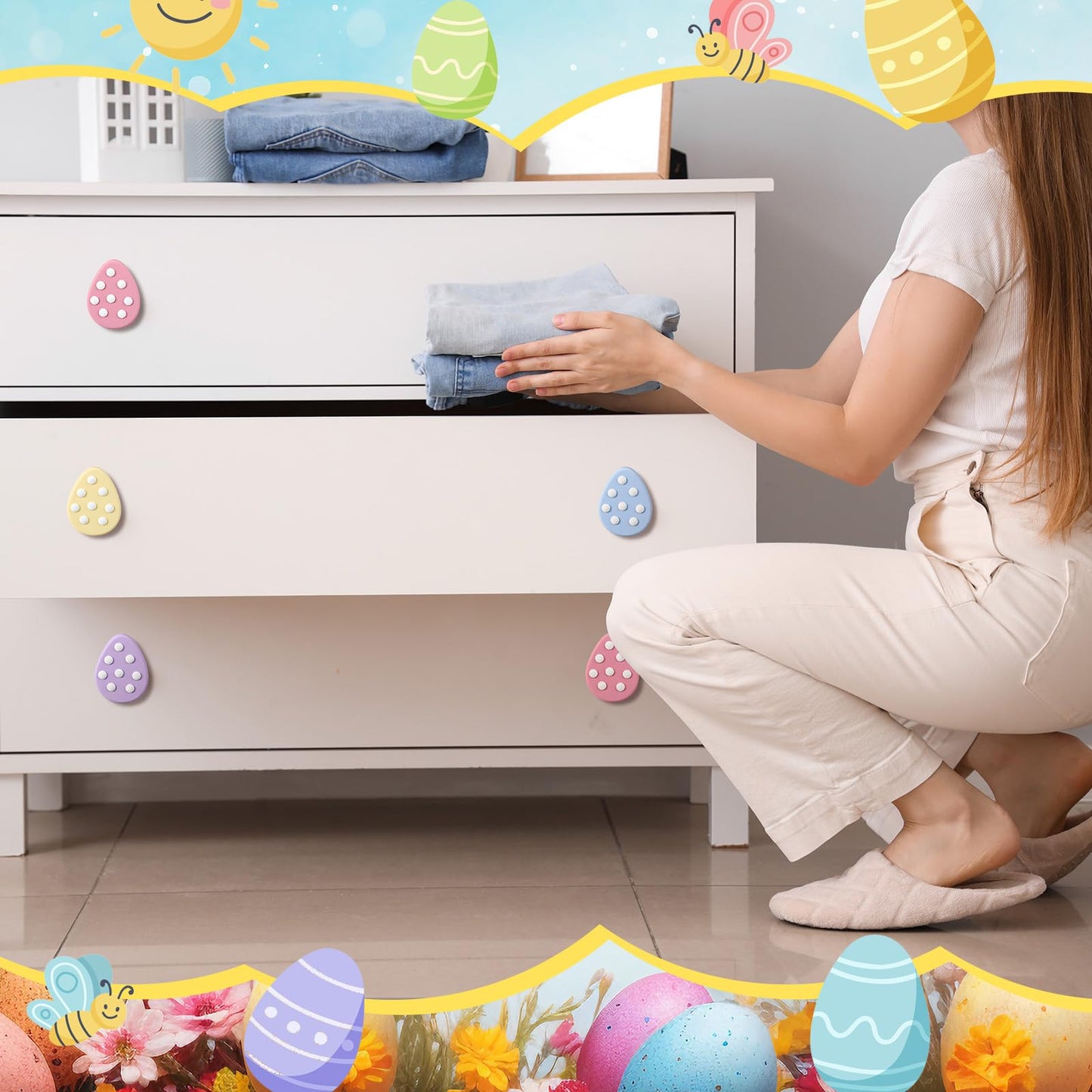 Moxweyeni 12 Pieces Easter Egg Silicone Cabinet Knobs Decor Hand Eggs Cabinet Knobs Cover Pastel Easter Decorative Drawer Knob Decor for Kitchen Home Spring Party Decorations