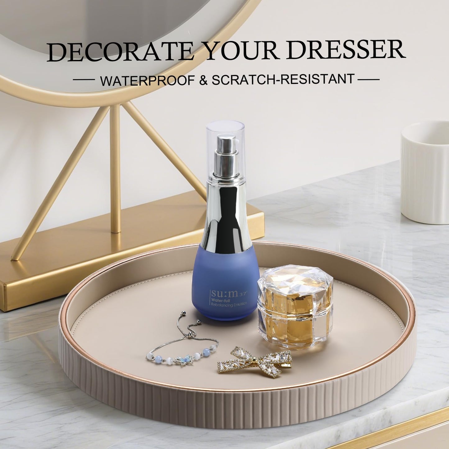 KINGFOM Round Decorative Tray, PU Leather Vanity Tray Organizer with Gold Trim for Dresser, Coffee Table & Bathroom Counter, Modern Home Decor Jewelry & Perfume Tray for Men Women (Beige)