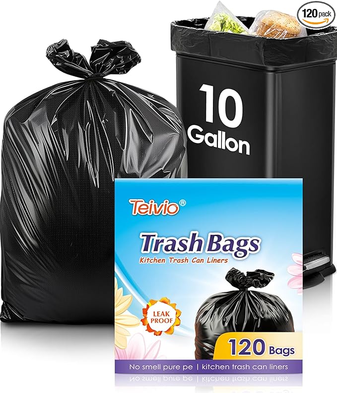 Teivio 10 Gallon 120 Counts Medium Trash Bags Garbage Bags, Bathroom Trash Can