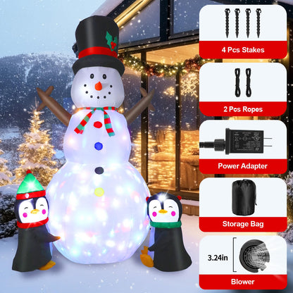 Dawdix 8FT Christmas Decs Inflatable Snowman, Christmas Blow Up Yard Decs Snowman with Penguins, Built-in Colorful Rotating LED Lights, for Holiday Xmas Party Garden, for Him, Her