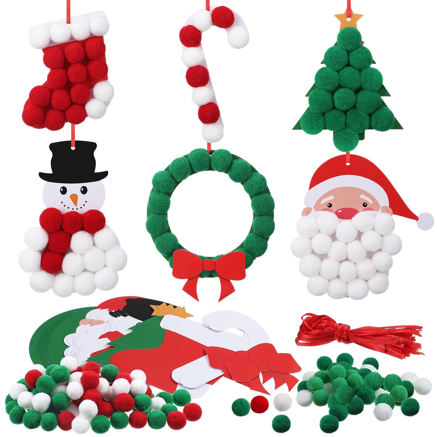 Realspring 24 Sets Christmas Pom-poms Craft Kit DIY Pom Pom Ornament Craft Bulk Christmas Tree Snowman Stockings Santa Wreath Candy Canes Xmas Poms Decor Fun Home Activity Classroom Party