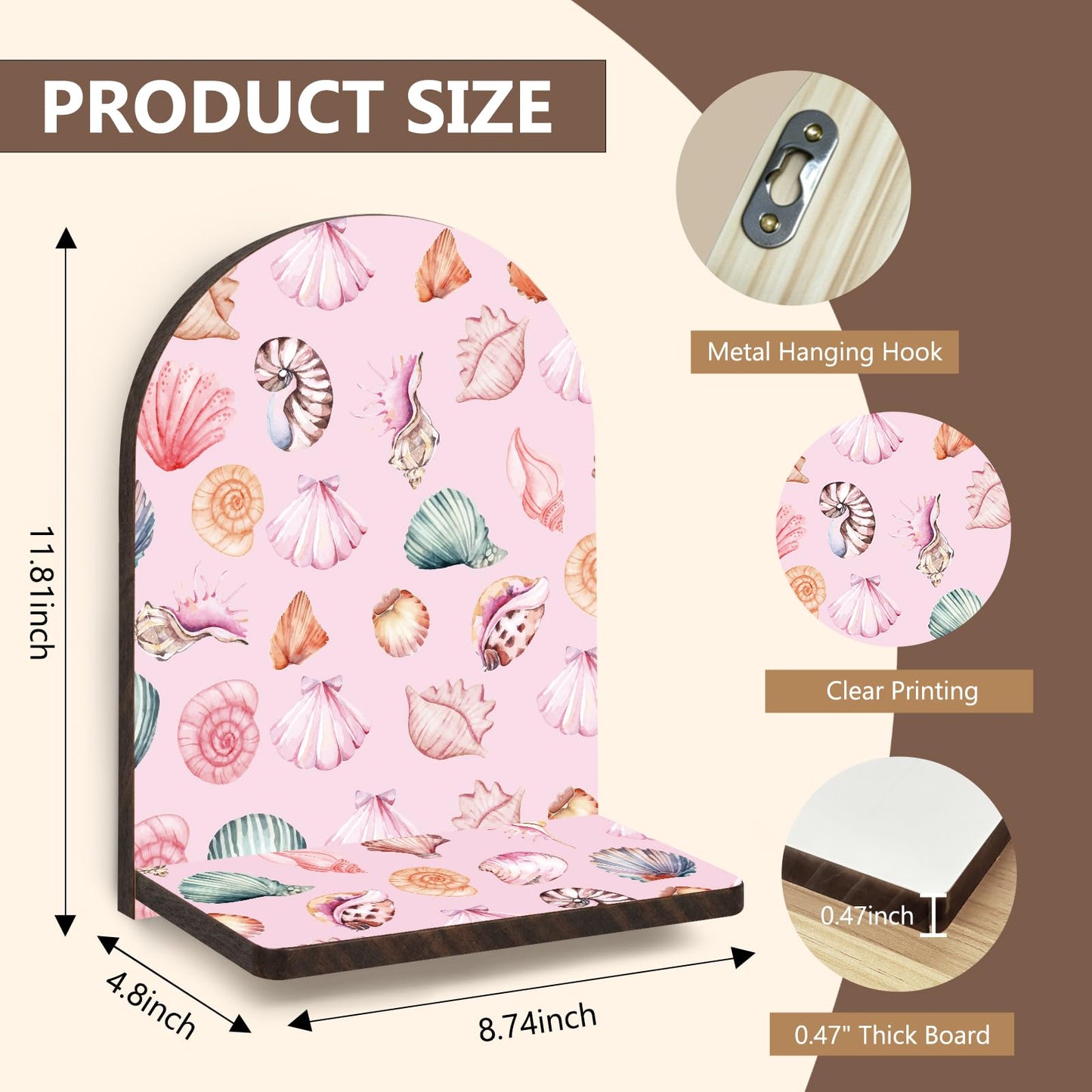 GWFSJYU Pink Berach Coastal Seashell Arched Wall Shelf Decor, Preppy Seashell Wooden Floating Shelves, Pink Coastal Sea Shell Hanging Wall Shelves Decor for Bathroom Living Room, 11.81x8.74In