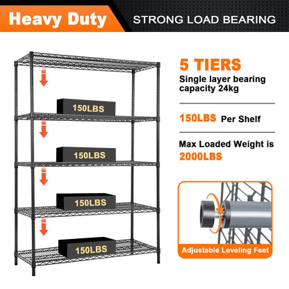Land Guard 5 Tier Black Storage Racks and Shelving - 48" L x 20" W x 72" H Heavy Steel Material Pantry Shelves - Each Unit Loads 350 Pounds Wire Shelf, Suitable for Warehouses, Closets, Kitchens……