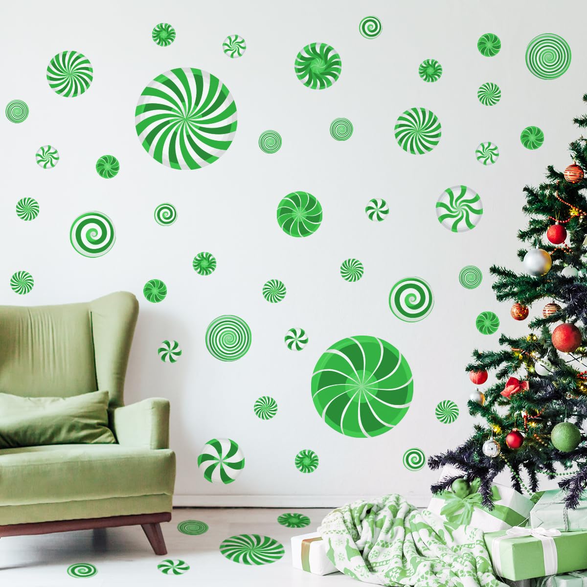 77 Pcs Christmas Candy Wall Decals Decorations Christmas Wall Stickers Green Peppermint Candy Floor Decals for Xmas Candyland Party Decorations