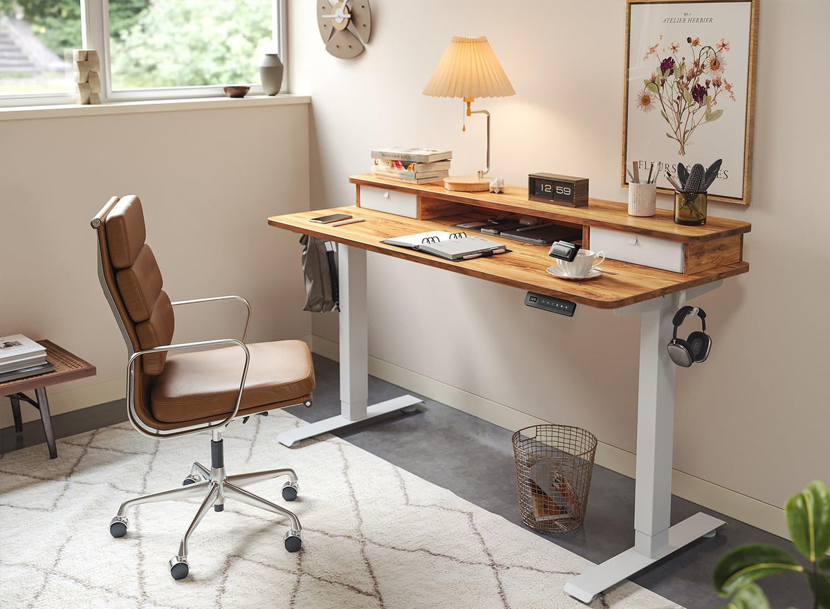 FEZIBO 40 x 24 Inch Height Adjustable Electric Standing Desk with Double Drawer, Stand Up Desk with Storage Shelf, Sit Stand Desk, Light Rustic