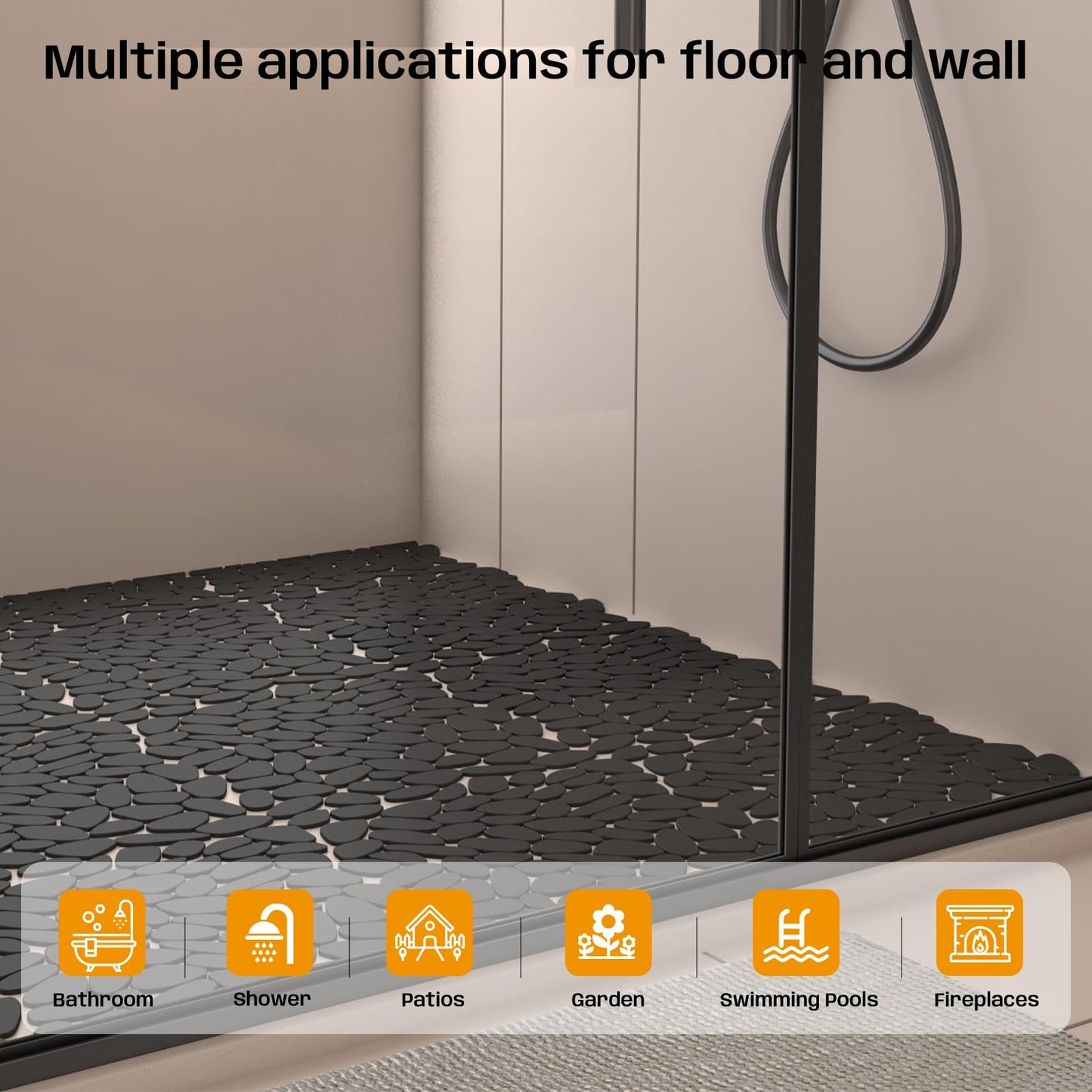 Adolif Pebble Tile for Shower Floor, Black Long Oval Pebble Mosaic Backsplash for Kitchen Bathroom Wall and Floor Tile and Outdoor Areas, 5 Sheets