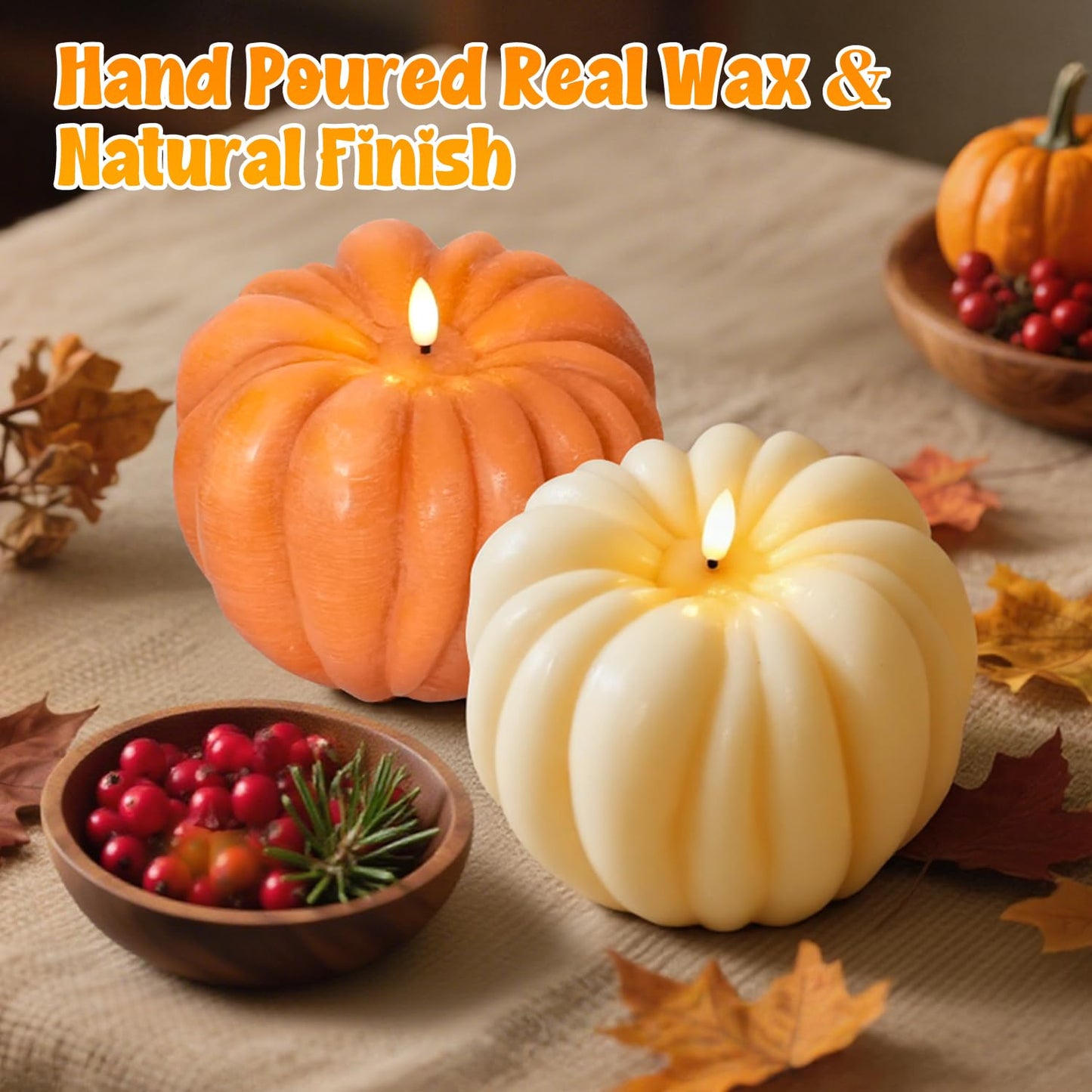 Flameless Pumpkin Candles with Timer - Fall Home Decor Indoor, LED Light Up Pumpkins for Mantel Table | Flameless Candle Thanksgiving Fall Decoration, Autumn Farmhouse Rustic Harvest Decor (White)