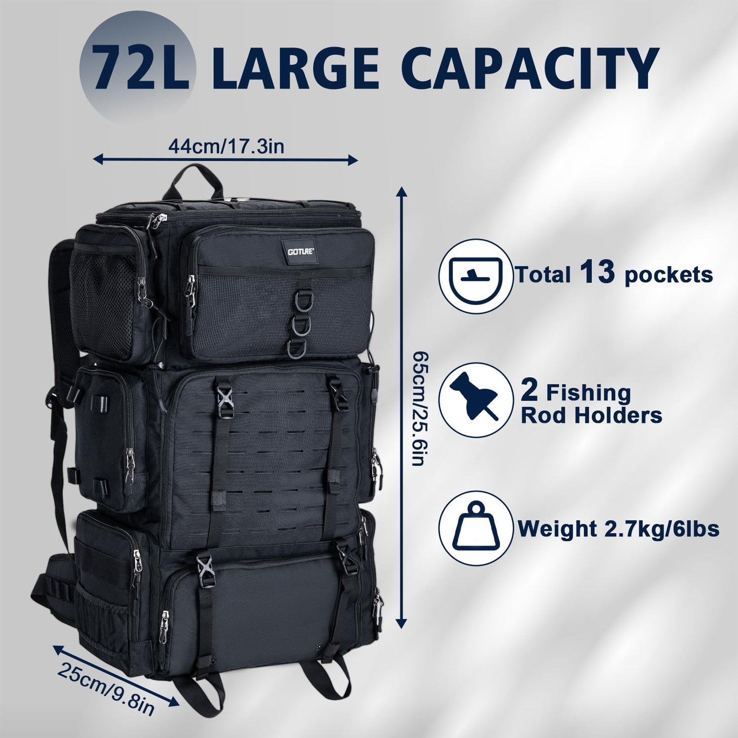 Goture Fishing Backpack with Cooler,72L Large 600D Tackle Backpack with Rod Holders,Dry & Wet Split Compartment,Adjustable Main Compartment,Rain Cover,Insulated Tactical Bag for Travel Camping Hiking