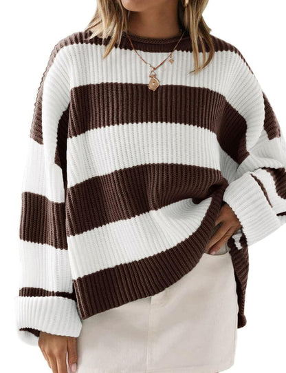 ZESICA Women's 2025 Fall Long Sleeve Oversized Striped Color Block Comfy Loose Crew Neck Knitted Pullover Sweater