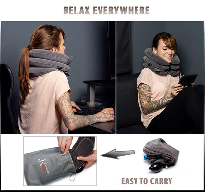 Pinched Nerve Neck Stretcher Cervical Traction Device for Home Pain Treatment | Inflatable Spinal Decompression Collar Unit Muscle Strain Injury Relief | Herniated Disc Problems Remedy Kit (Gray)