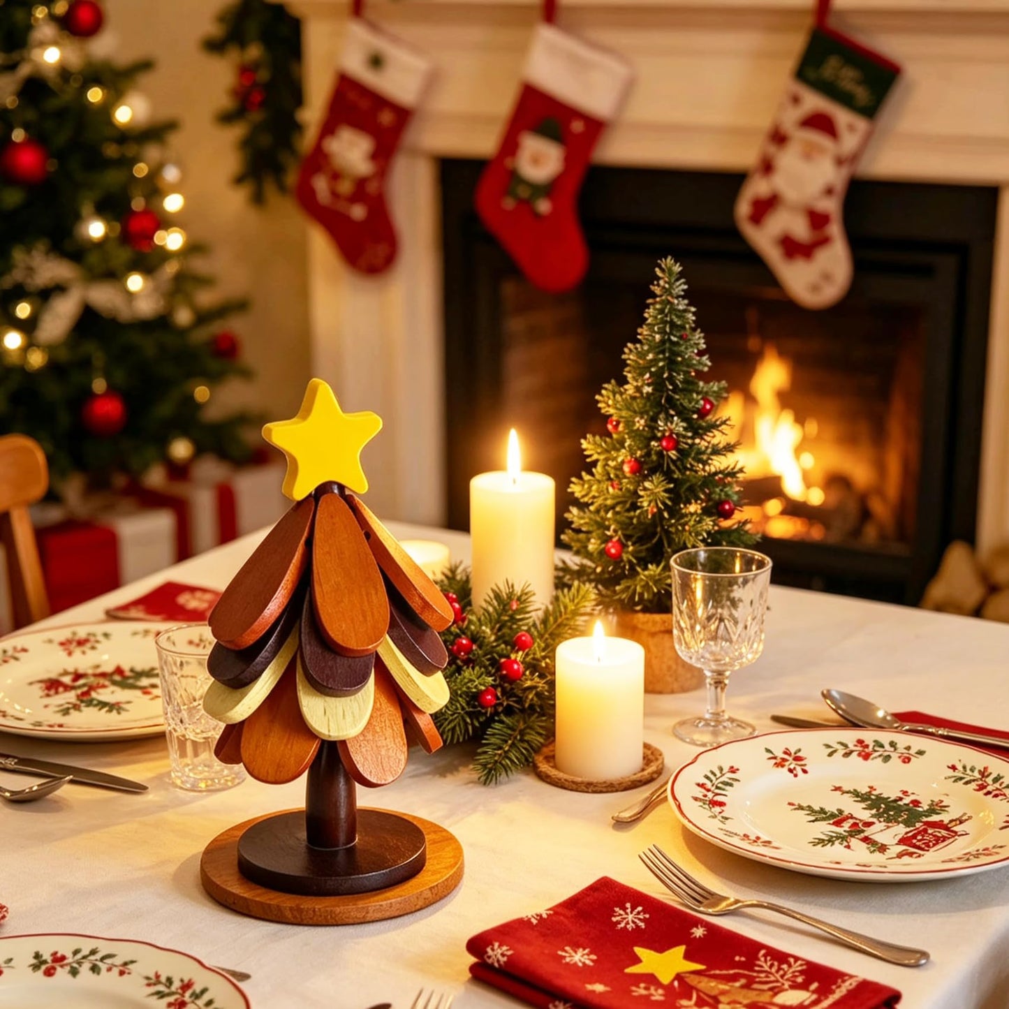 Wooden Christmas Tree Trivet Set of 4, Heat Resistant Coasters for Hot Dishes Pots Bowls, Star Top Holiday Table Decor for Home Kitchen