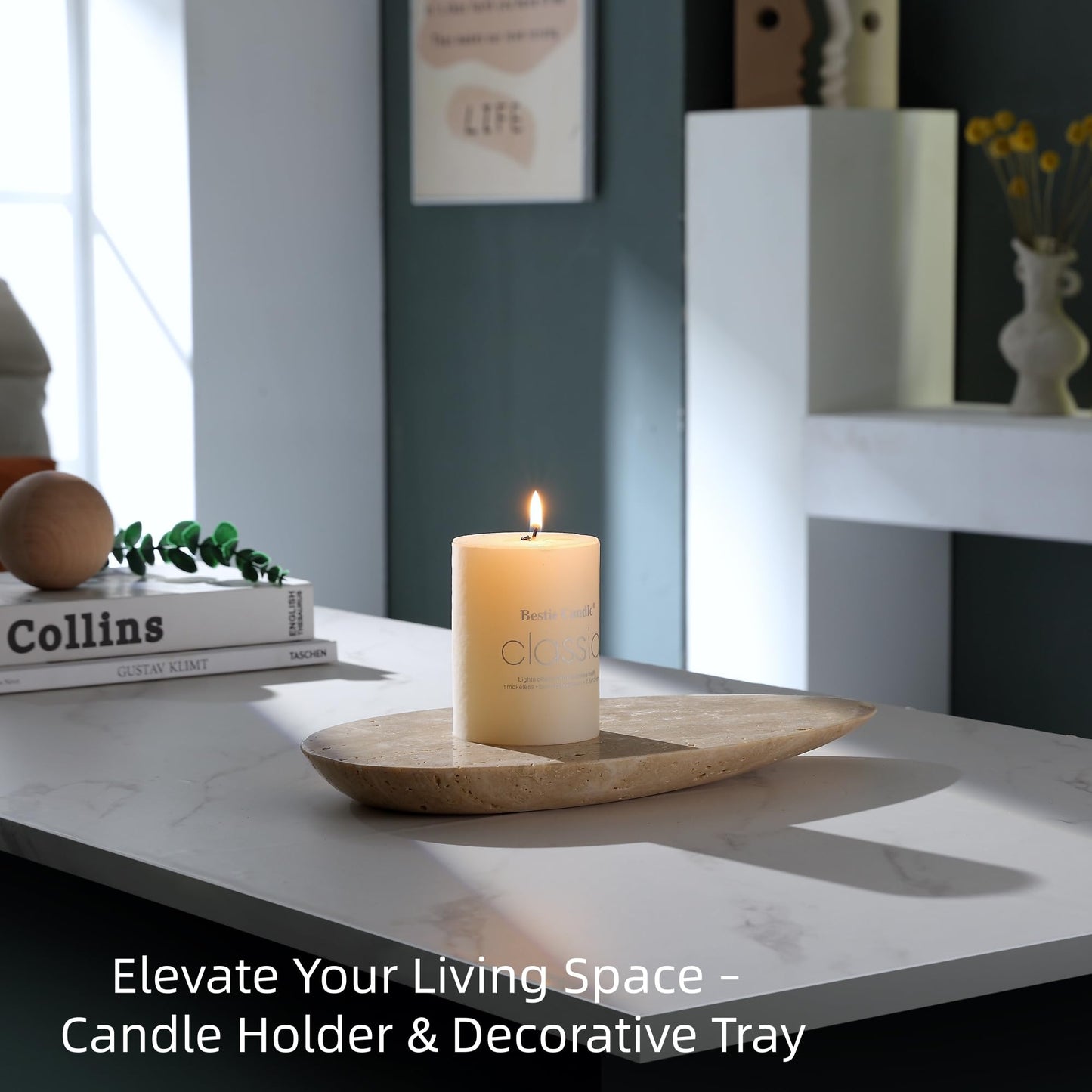 Natural Travertine Tray, Modern Decorative Stone Tray for Coffee Table, Jewelry Display Organizer for Rings Necklace, Candle Holder Catchall for Living Room Bathroom Vanity Decor (S)