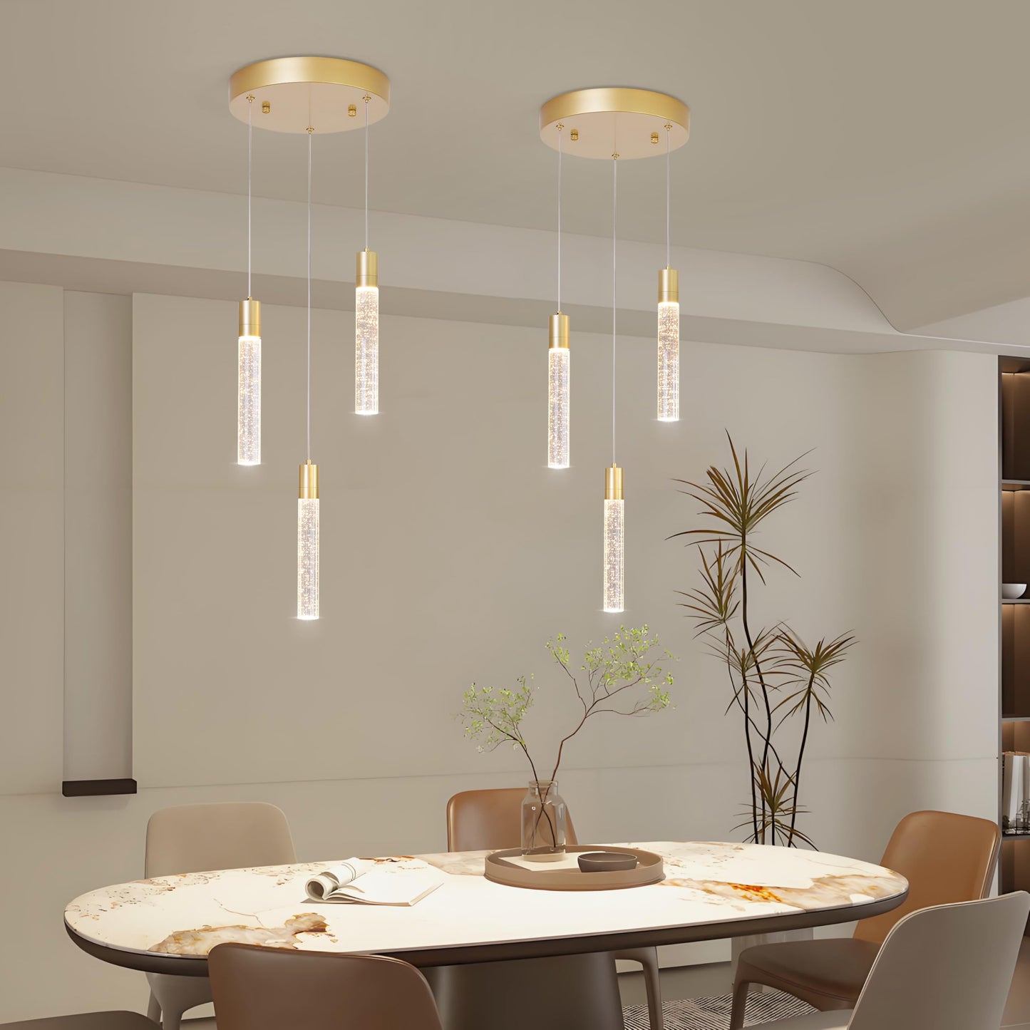votag 3 Light Pendant Lights Kitchen Island,Modern LED Bubble Crystal Pendants with Dimmable 3000K-6000K Ceiling Hanging Light Fixture for Dining Room Bedroom,Gold Finish,Adjustable Height 59"