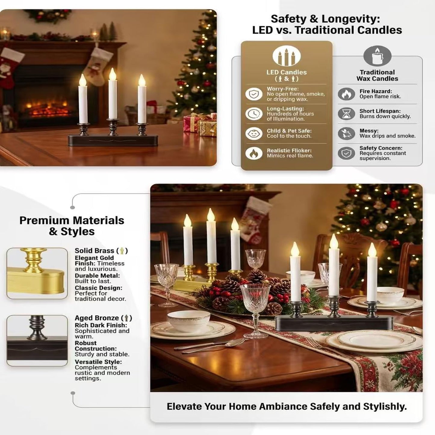 FGDECORJOIE Delicate Battery Operated Flicker Flame Gold Antique 3 Tier LED Window Candelabra 11.5 Inch Hight with Automtically Timer 8 Hours On/16 Hours Off