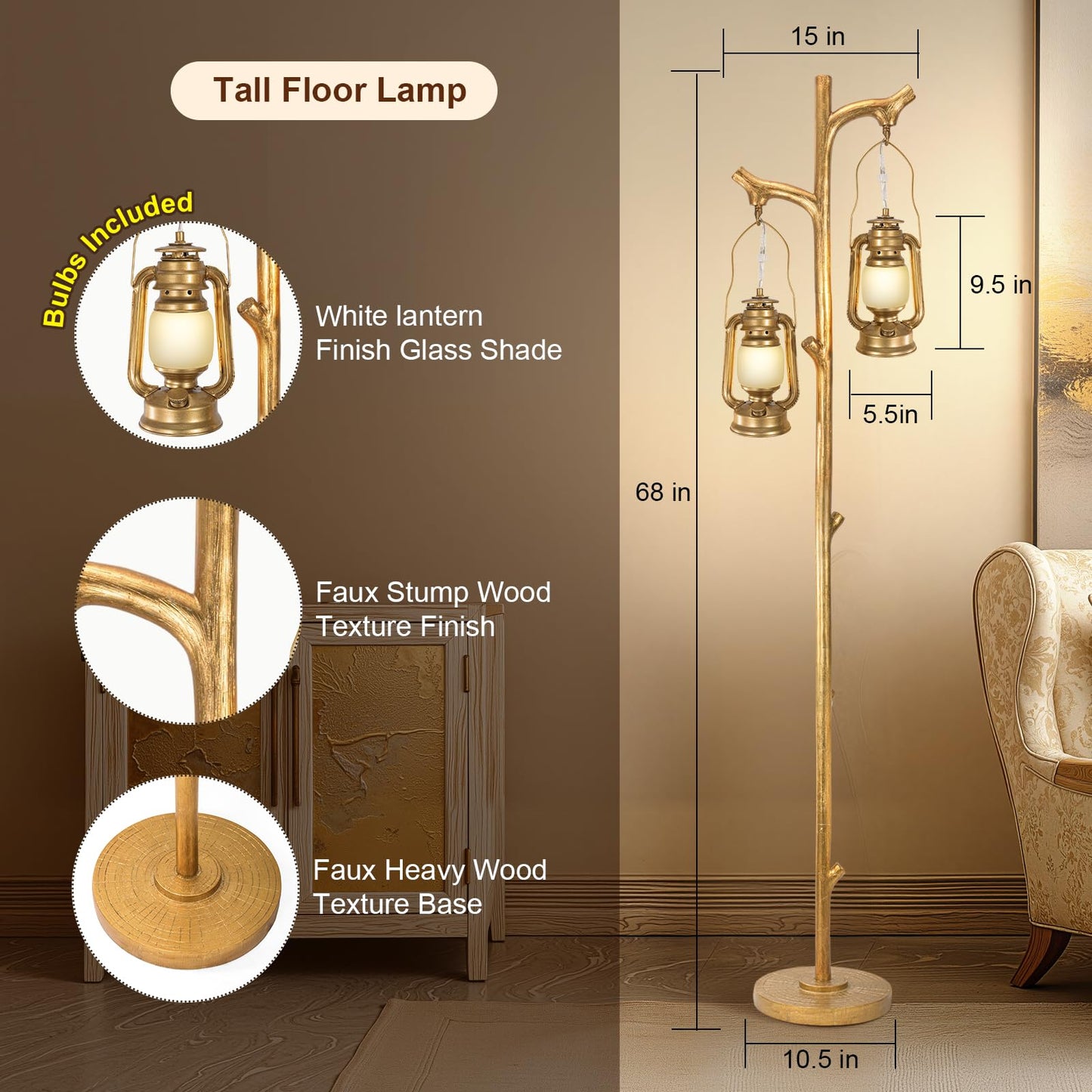 Scenekoy 68” Tall Floor Lamp with Lanterns, Gold Standing Lamp Tree Trunk Finish, Dimmable Resin Corner Lamp Stand Up Light with Bulb Prefer for Modern Living Room Bedroom Home Decor (Bulbs Included)