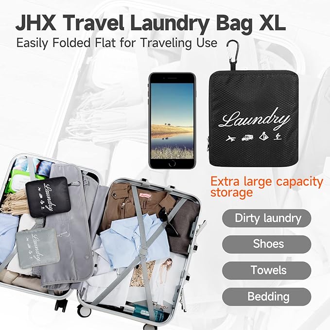 JHX Travel Laundry Bag XL, Extra large Dirty Clothes Organizer【Upgraded】with