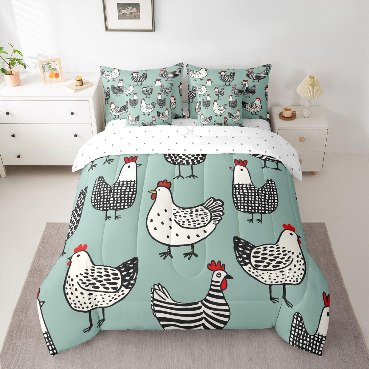 Erosebridal Chicken 7 Pcs Bedding Set Full Cartoon Chick Comforter Set with Sheets Cute Farmhouse Animal Bed in A Bag Teal Black Bedroom Decor